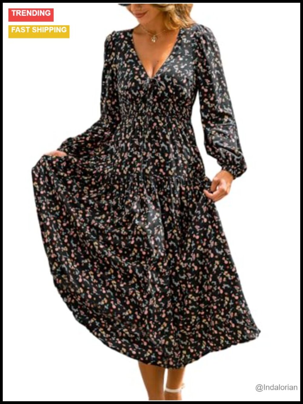 Women's Floral Maxi Dress Long Sleeve V-Neck Flowy Smocked Waist